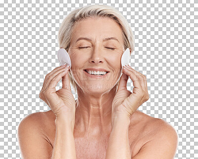 Buy stock photo Happy senior woman, cotton pad and makeup removal isolated on a transparent PNG background. Face of elderly or mature female person with smile for facial cleaning, dermatology treatment or skincare