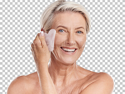 Buy stock photo Isolated senior woman, gua sha and portrait for skincare, face wellness and transparent png background. Mature lady, model and crystal product for anti aging results, cosmetics or cleaning for beauty