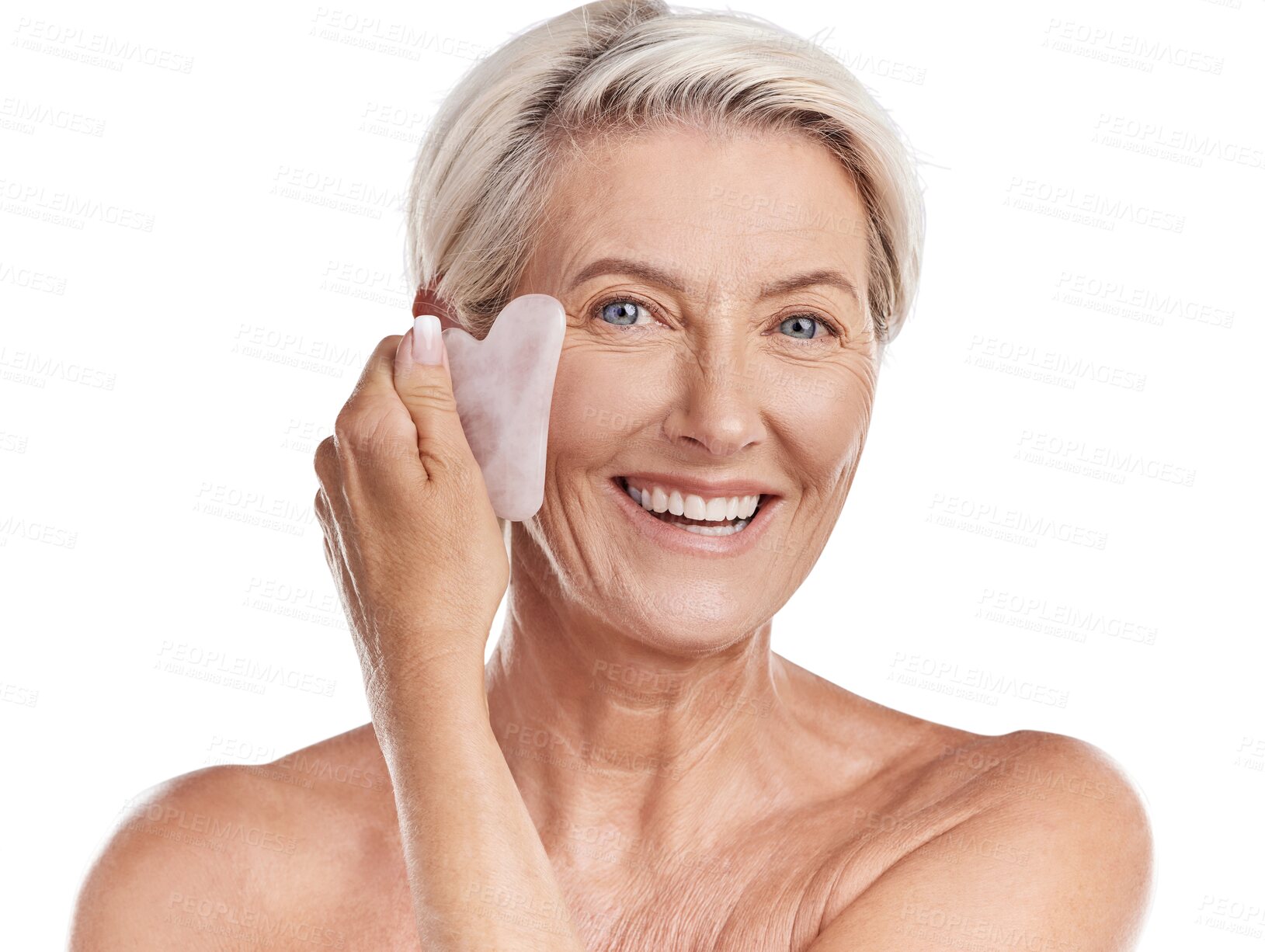 Buy stock photo Isolated senior woman, gua sha and portrait for skincare, face wellness and transparent png background. Mature lady, model and crystal product for anti aging results, cosmetics or cleaning for beauty