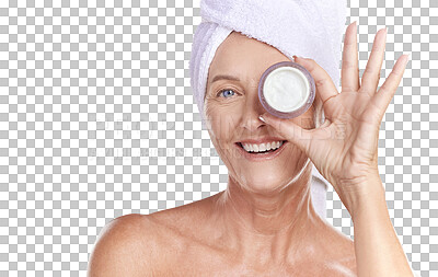 Buy stock photo Happy woman, portrait and face with cream in skincare isolated on a transparent PNG background. Senior or mature female person smile for skin creme, lotion or cosmetic product in facial spa treatment