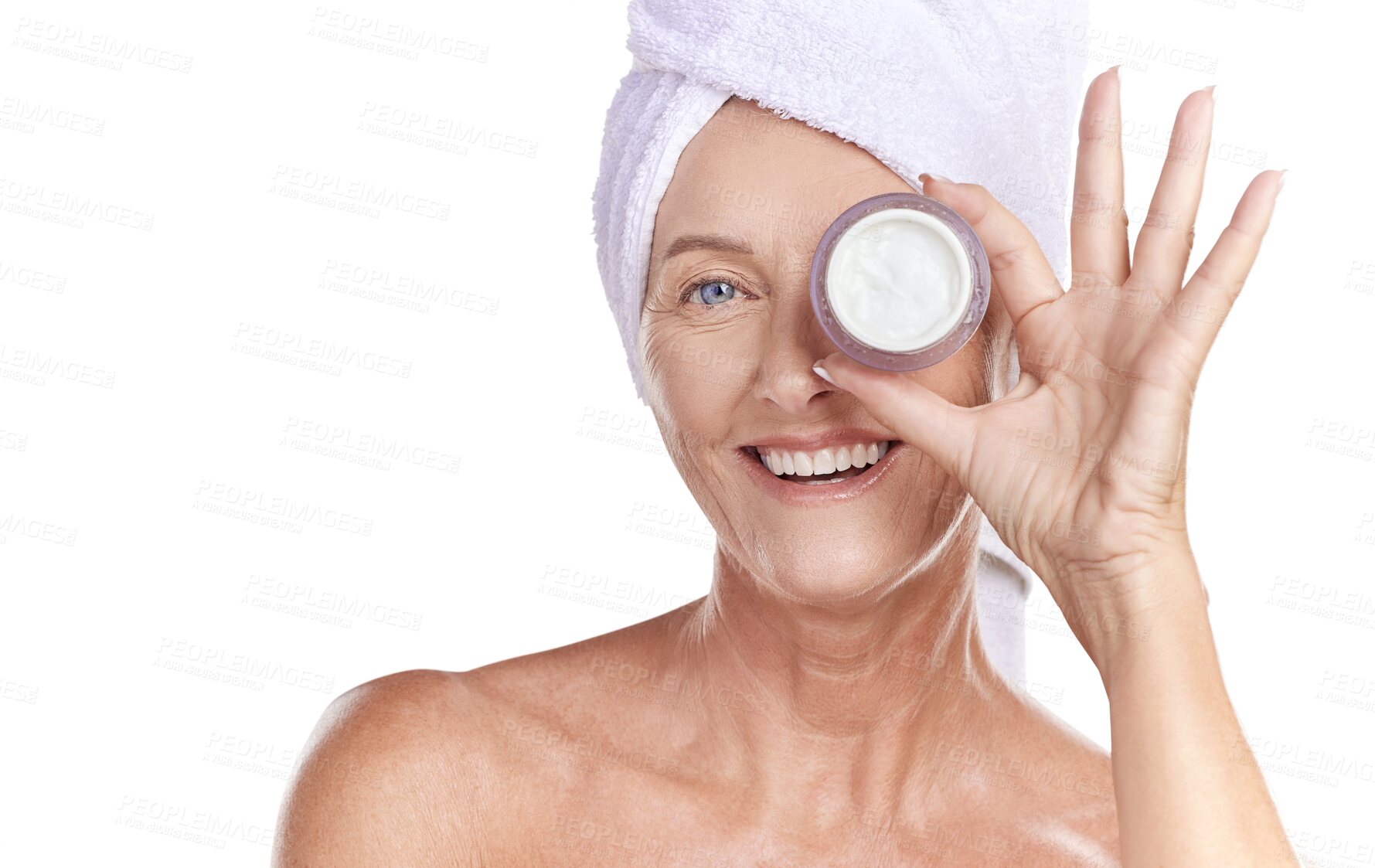 Buy stock photo Happy woman, portrait and face with cream in skincare isolated on a transparent PNG background. Senior or mature female person smile for skin creme, lotion or cosmetic product in facial spa treatment