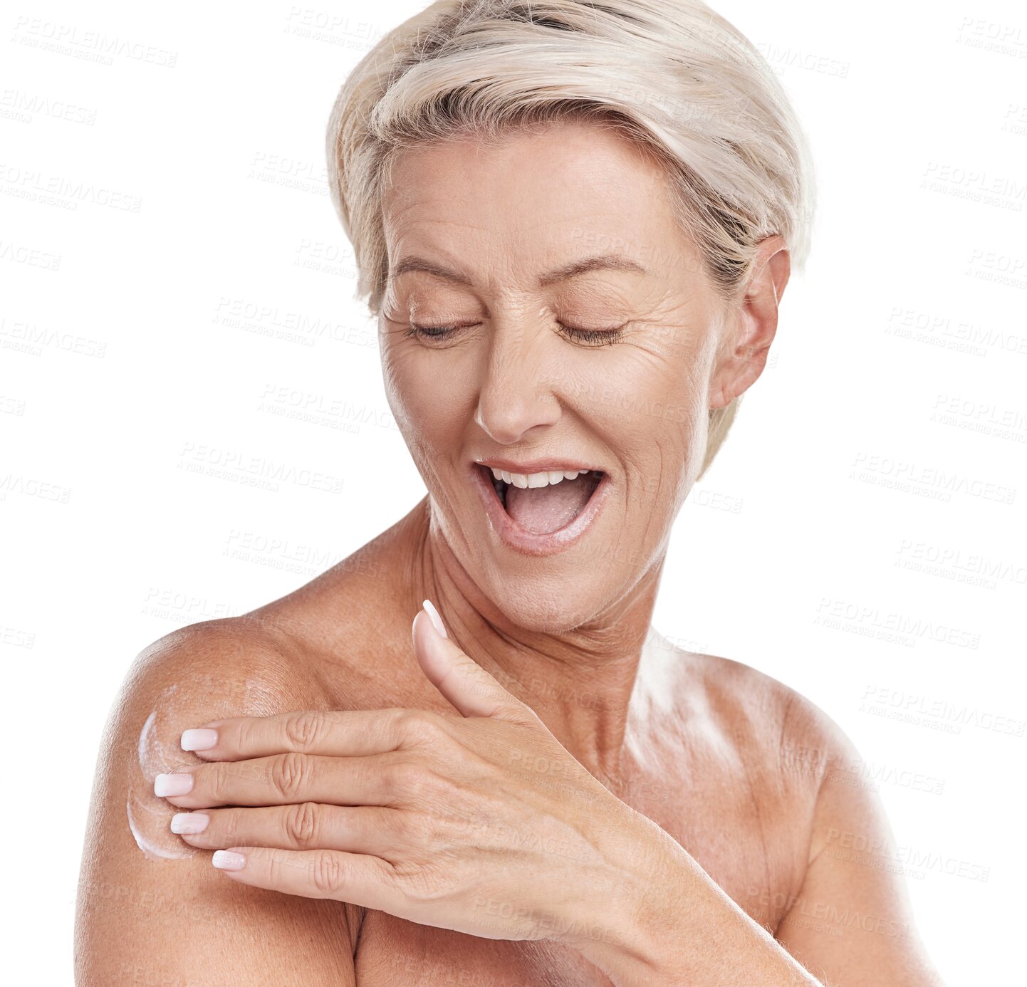 Buy stock photo Excited, senior woman and hand apply cream, skincare product or anti aging beauty on body. Happy, wow and person in dermatology, cosmetics or shoulder skin care isolated on transparent png background