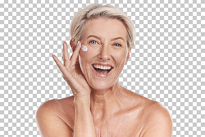 Buy stock photo Happy woman, portrait and face cream for beauty skincare isolated on a transparent PNG background. Female person smile and excited for skin creme, lotion or cosmetic product in facial spa treatment