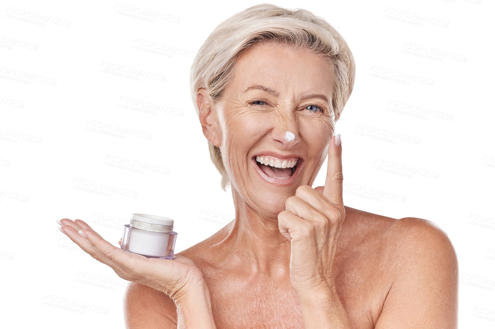 Buy stock photo Beauty, cream and product with portrait of old woman on transparent background for ant aging, cosmetics or sunscreen. Facial, spa and face with person isolated on png for lotion, skincare and makeup