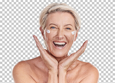 Buy stock photo Beauty, cream and portrait of old woman on transparent background for ant aging, cosmetics or sunscreen. Facial, spa and product with person isolated on png for lotion, skincare and dermatology