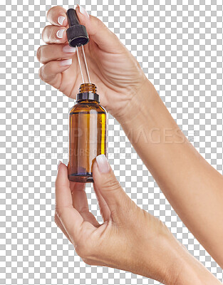 Buy stock photo Isolated hands, closeup and serum bottle for oil, formula or moisturiser by transparent png background. Skincare product, cosmetic results or liquid for health, cleaning or collagen for facial skin