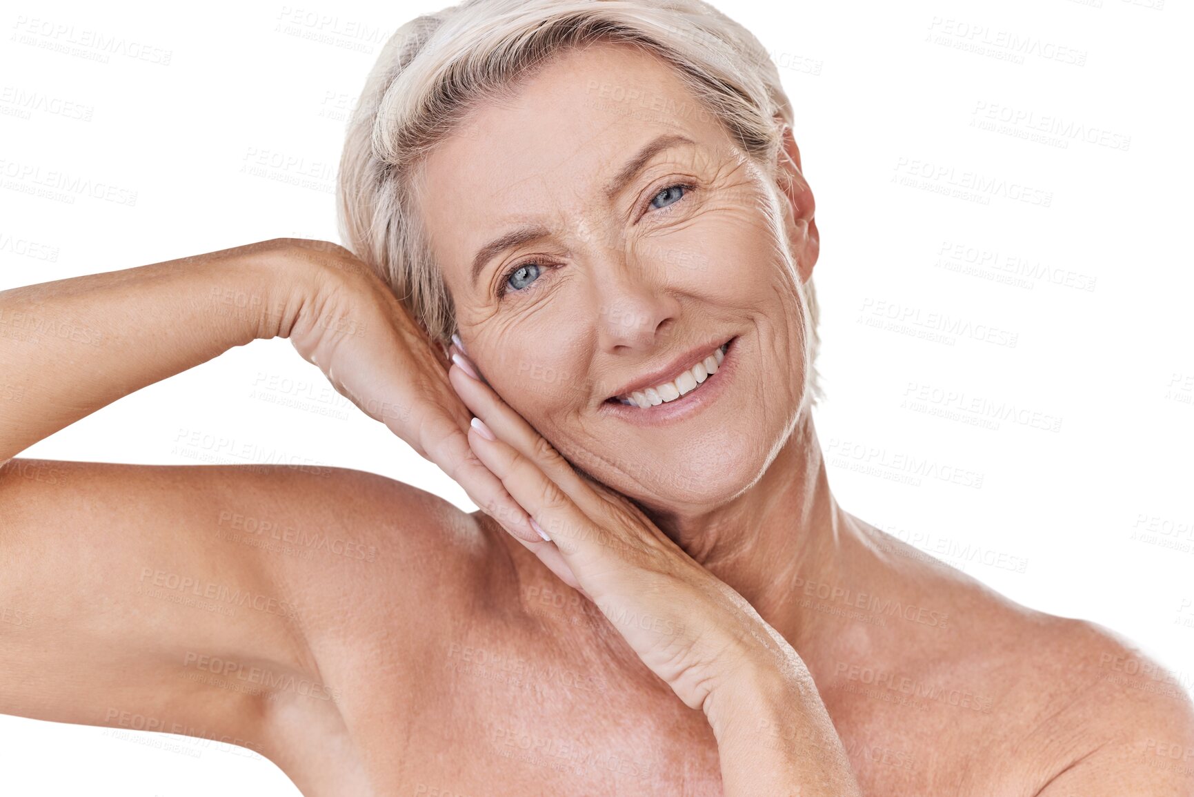 Buy stock photo Beauty, skincare and face with portrait of old woman on transparent background for dermatology, anti aging and cosmetics. Spa, natural and makeup with person isolated on png for glow and self care