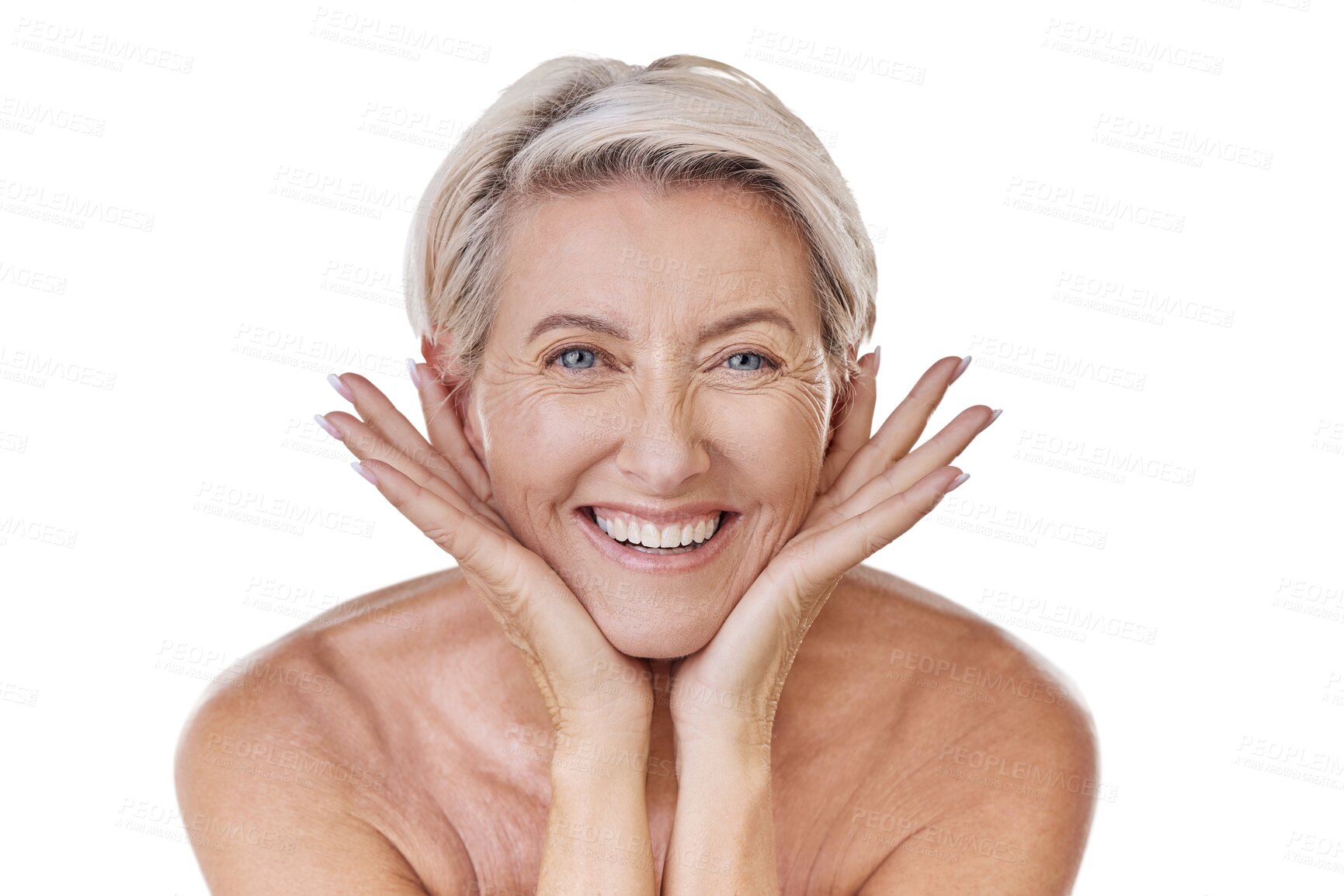 Buy stock photo Portrait, smile and senior woman with cosmetics, skincare and dermatology isolated against a transparent background. Face detox, mature female person and model with natural beauty, png and confidence