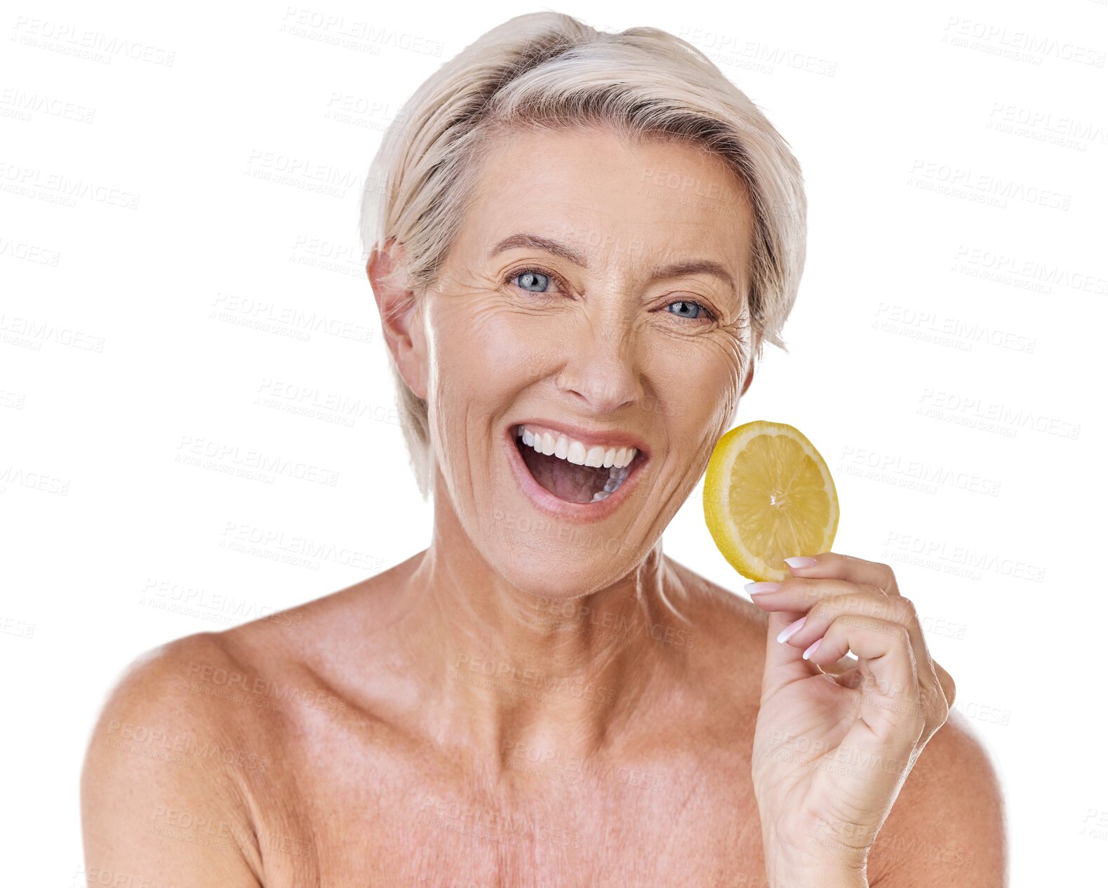 Buy stock photo Isolated senior woman, lemon and portrait with skincare with excited face by transparent png background. Happy mature lady, model or vitamin c with fruit, self care or smile for natural skin cosmetic