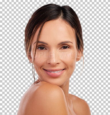 Buy stock photo Beauty, natural and smile with portrait of woman on transparent background for cosmetics, face and skincare. Glow, self care and facial with person isolated on png for health, spa and dermatology