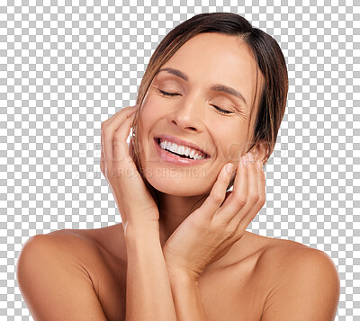 Buy stock photo Beauty, natural and touch with face of woman on transparent background for cosmetics, smile and skincare. Glow, self care and facial with person isolated on png for health, spa and dermatology