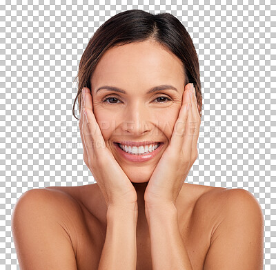 Buy stock photo Beauty, natural and touch with portrait of woman on transparent background for cosmetics, face and skincare. Glow, self care and facial with person isolated on png for health, spa and dermatology