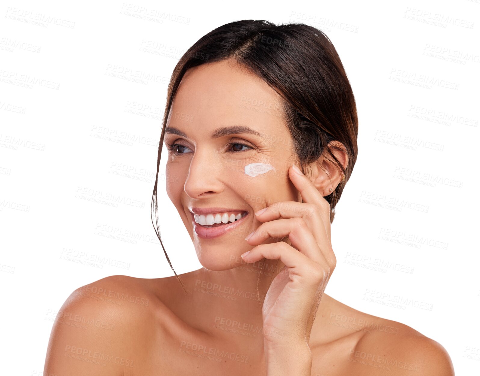 Buy stock photo Face cream, thinking and young woman with skincare, moisturizer and lotion for natural, beauty product. Happy person or model from USA with dermatology idea isolated on a transparent, png background