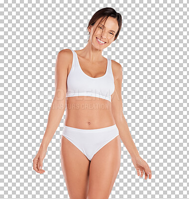 Buy stock photo Woman in underwear, happy in portrait and body with pride and beauty isolated on png transparent background. Cosmetics, healthy lifestyle and gut health, female model smile with skin and wellness