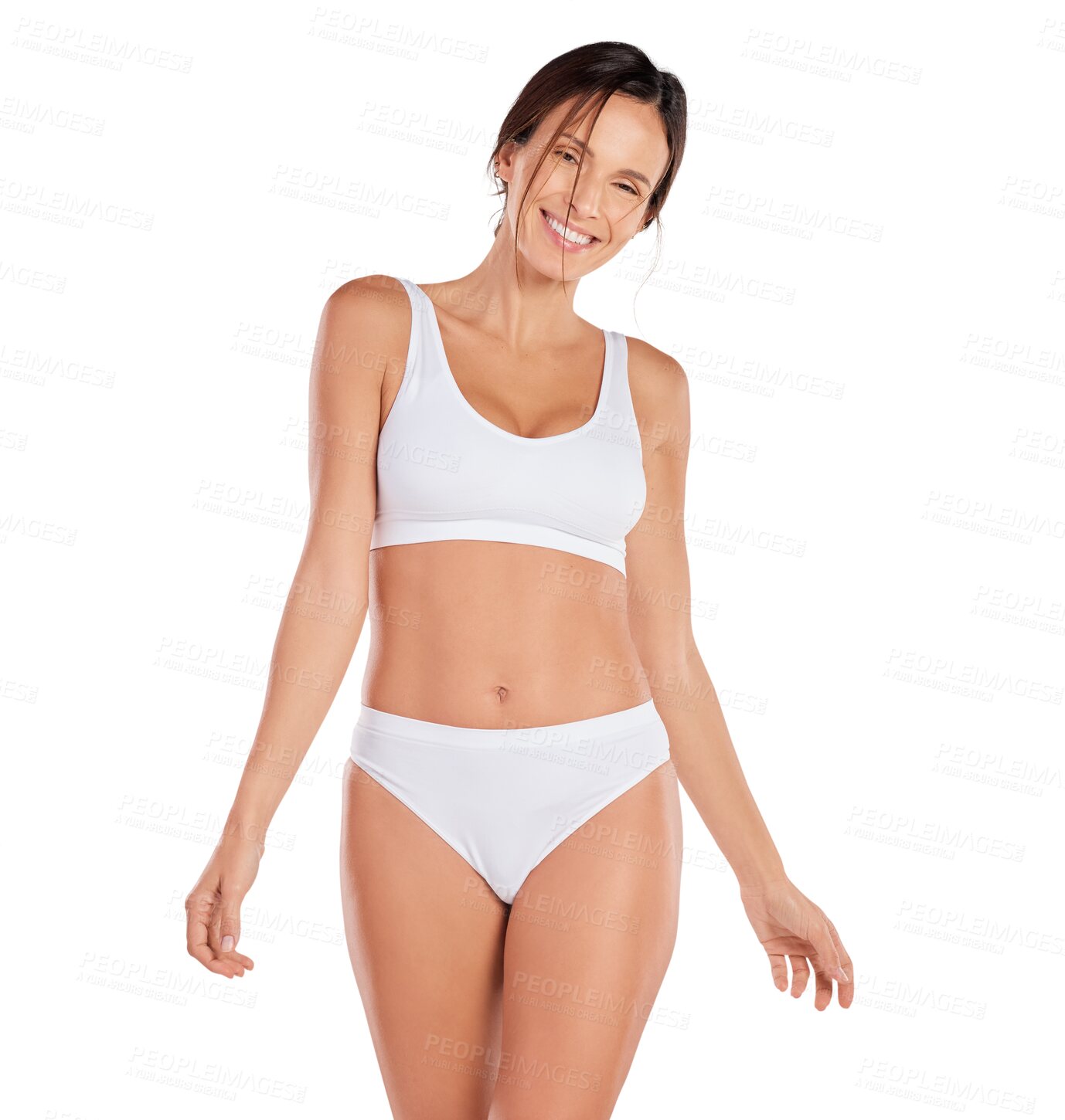 Buy stock photo Woman in underwear, happy in portrait and body with pride and beauty isolated on png transparent background. Cosmetics, healthy lifestyle and gut health, female model smile with skin and wellness