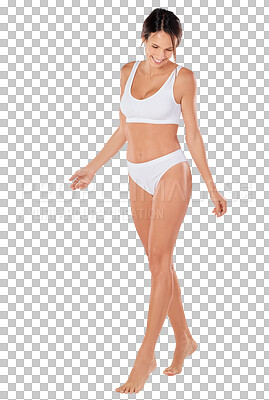Buy stock photo Beauty, body and underwear with woman on transparent background for health, diet and nutrition. Workout, wellness and self care with person isolated on png for cosmetics, fitness and exercise