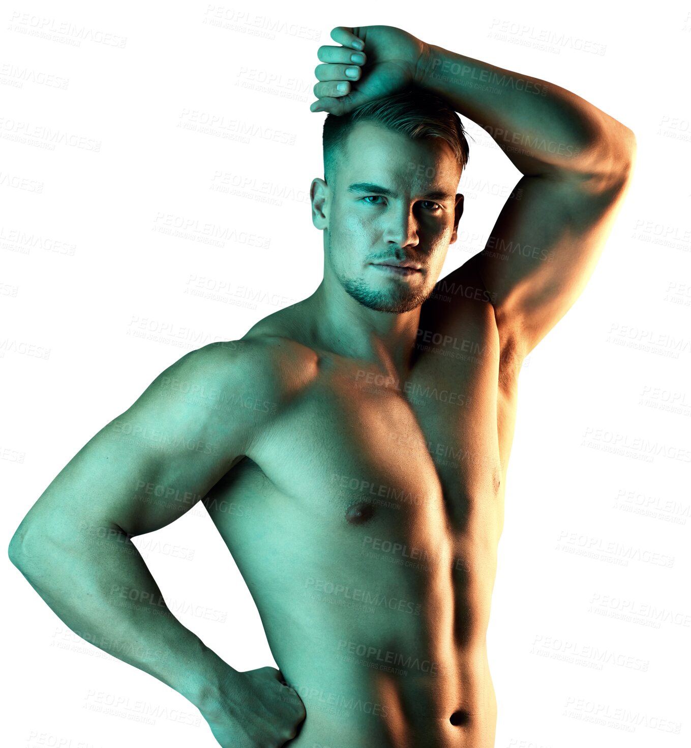 Buy stock photo Neon, shirtless body and portrait of a man isolated on a transparent, png background. Muscle, wellness and health motivation of sexy male aesthetic model for power, art deco and self care or fitness
