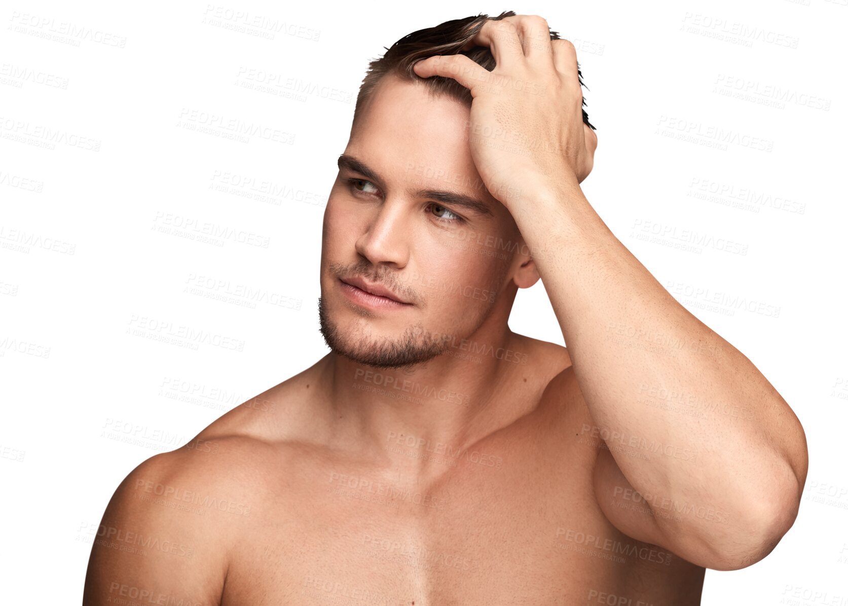 Buy stock photo Man is thinking, hair and beauty, grooming and hygiene with fresh haircut isolated on transparent png background. Young male model, natural cosmetics and haircare with barber, clean and wellness
