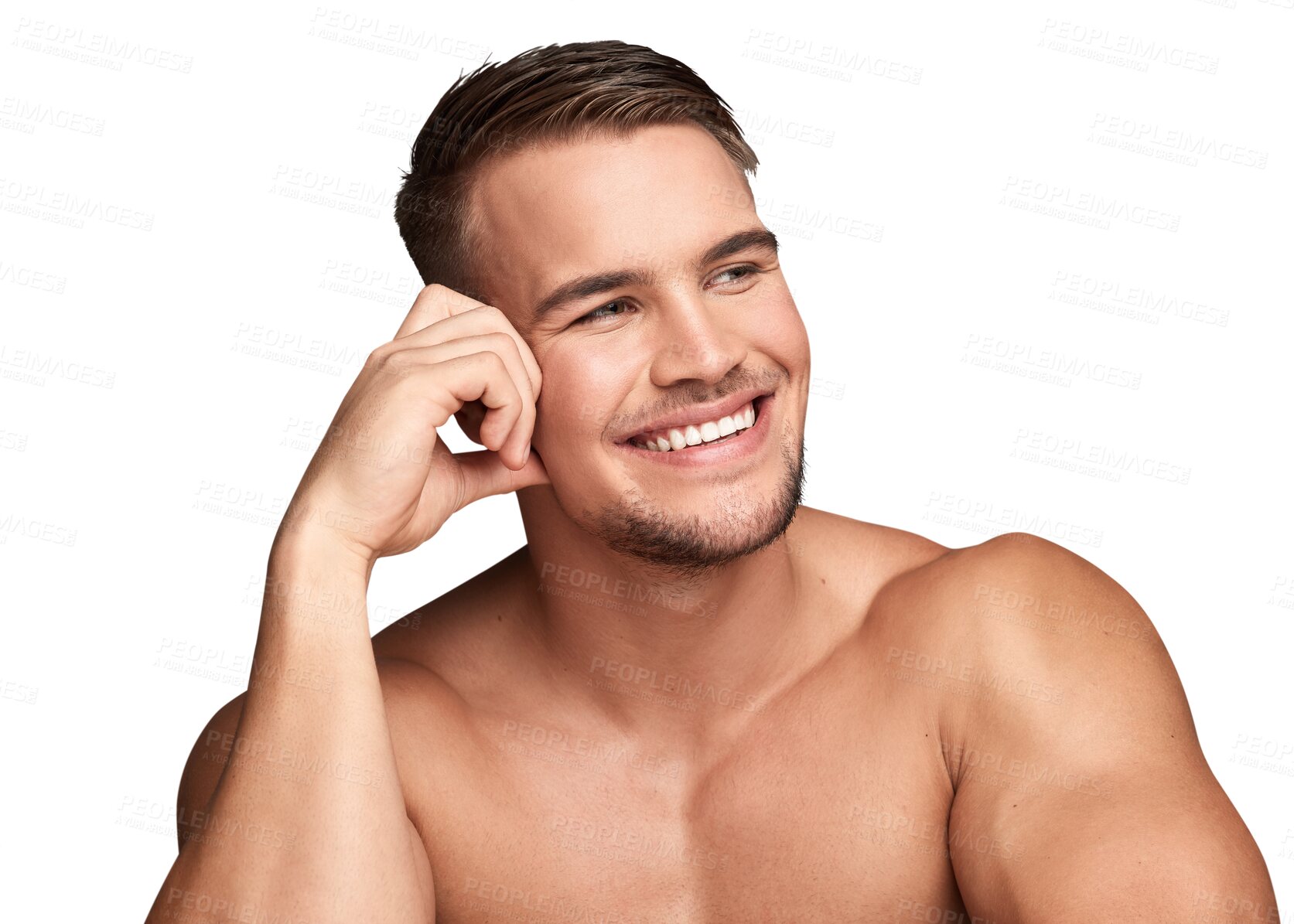 Buy stock photo Happy, beauty and skincare with man and thinking on transparent background for health, smile and cosmetics. Spa, wellness and clean with face of person isolated on png for glow and self care