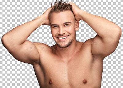 Buy stock photo Man, happy and portrait with skin, hair and beauty grooming for body hygiene isolated on transparent png background. Male model, natural cosmetics and haircare with dermatology, skincare and face