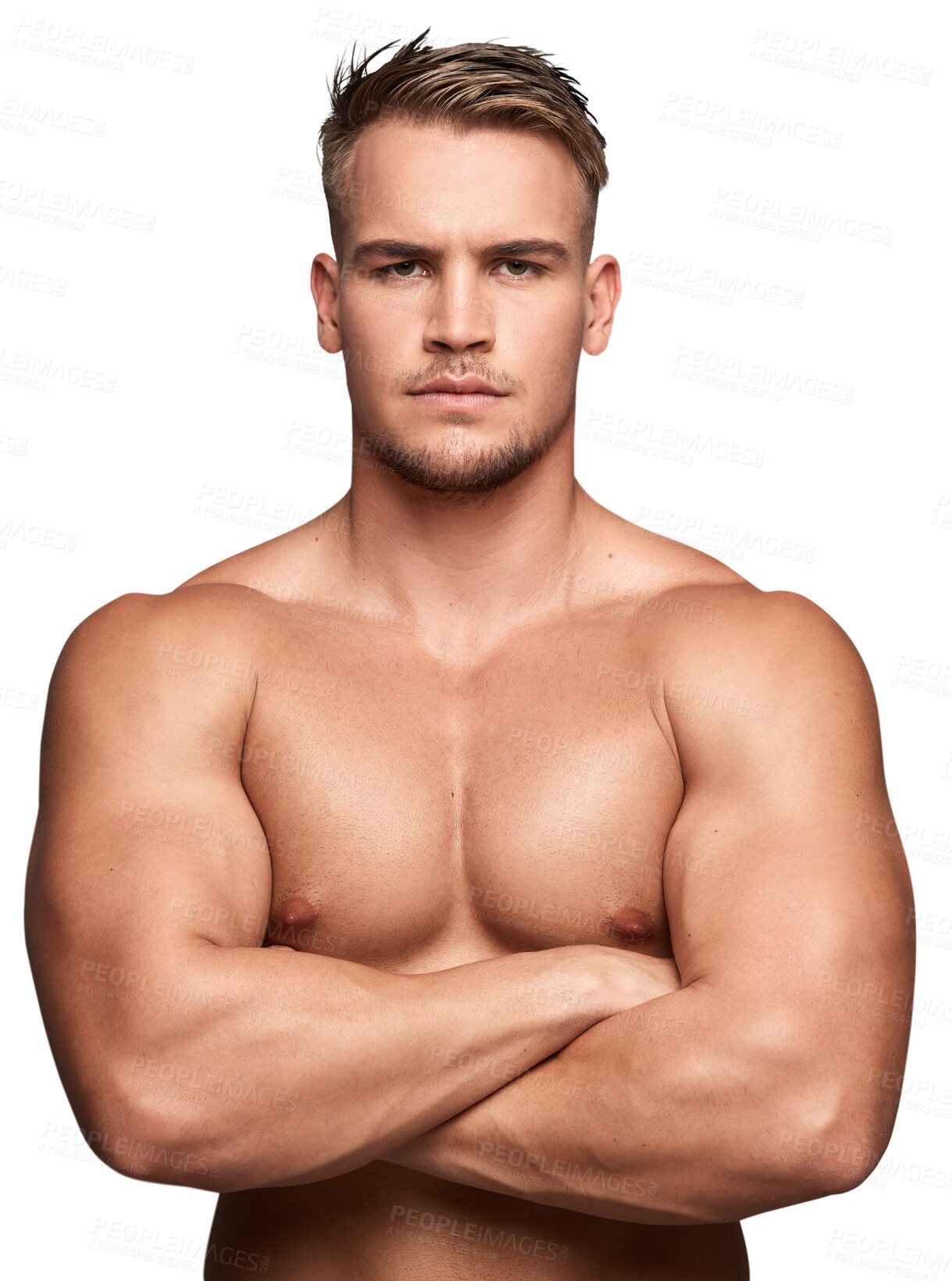 Buy stock photo Man, topless bodybuilder or arms crossed in portrait, confidence or isolated by transparent png background. Young guy, strong muscle or healthy body with serious face for wellness, beauty or skincare