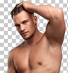 Beauty, muscle and portrait of man on transparent background for fitness, self care and cosmetics. Skincare, spa and morning with face of person isolated on png for health, wellness and cleaning