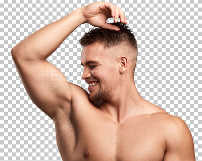 Buy stock photo Happy man, smelling armpit and smile for hygiene, grooming or skincare isolated on a transparent PNG background. Muscular male person or young model smiling for clean deodorant, smell or fragrance