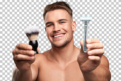 Buy stock photo Man, face and brush with razor for shaving in hands, portrait with smile isolated on png transparent background. Skincare, cosmetic tools and hair removal with male model and grooming with hygiene