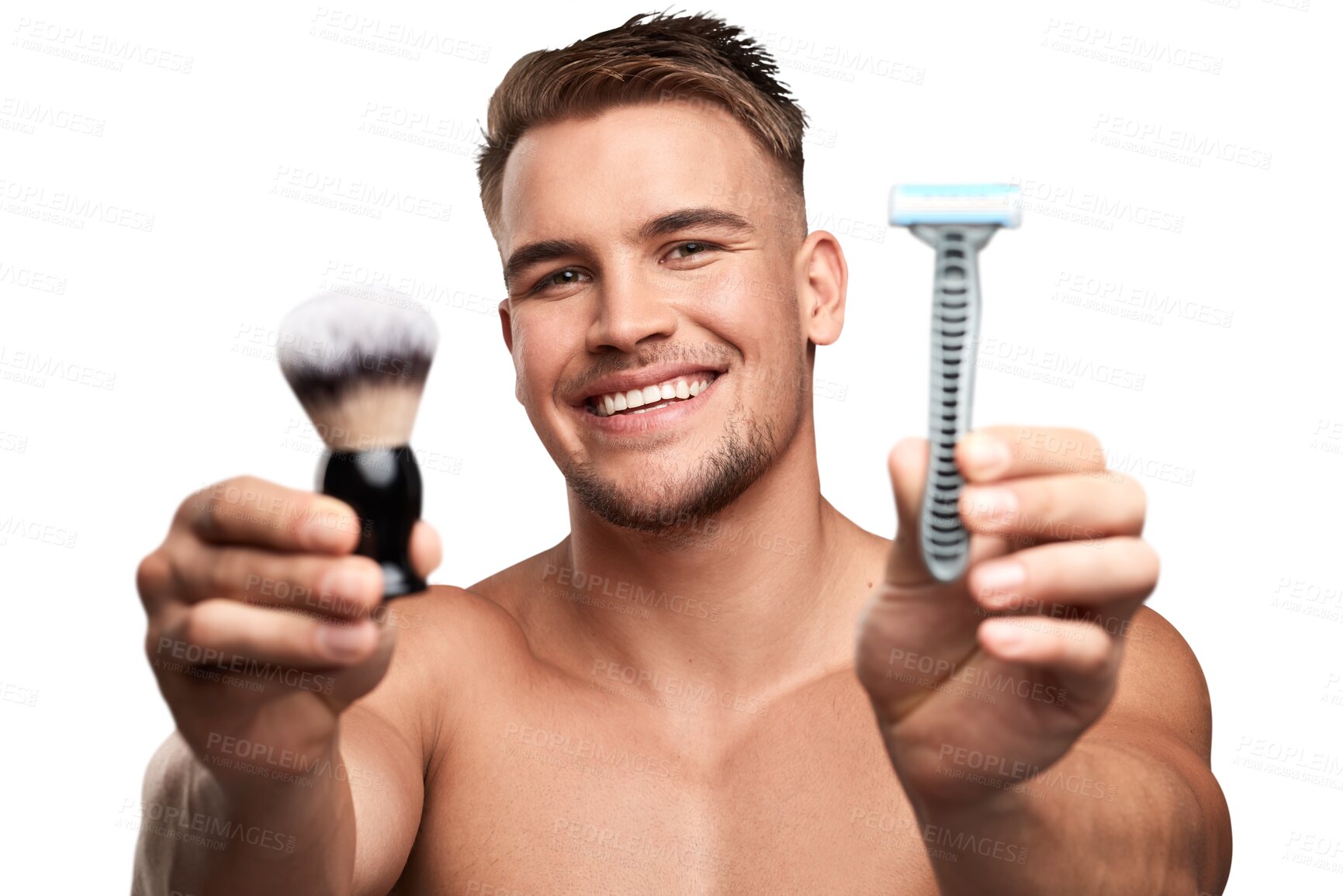 Buy stock photo Man, face and brush with razor for shaving in hands, portrait with smile isolated on png transparent background. Skincare, cosmetic tools and hair removal with male model and grooming with hygiene