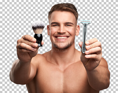 Buy stock photo Closeup of man with brush, razor for shaving in hands for hair removal and beauty isolated on transparent png background. Cosmetic tools, male model shave and smile on portrait, skincare and grooming
