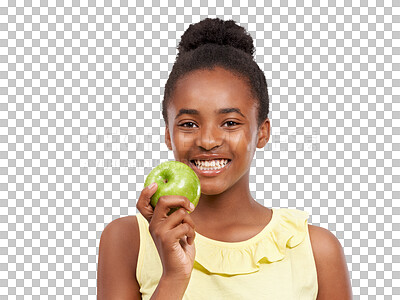 Buy stock photo Apple, happy and healthy eating with teen girl isolated on a transparent, png background. Portrait of black child or teenager with fruit for health, wellness or nutrition for development and growth