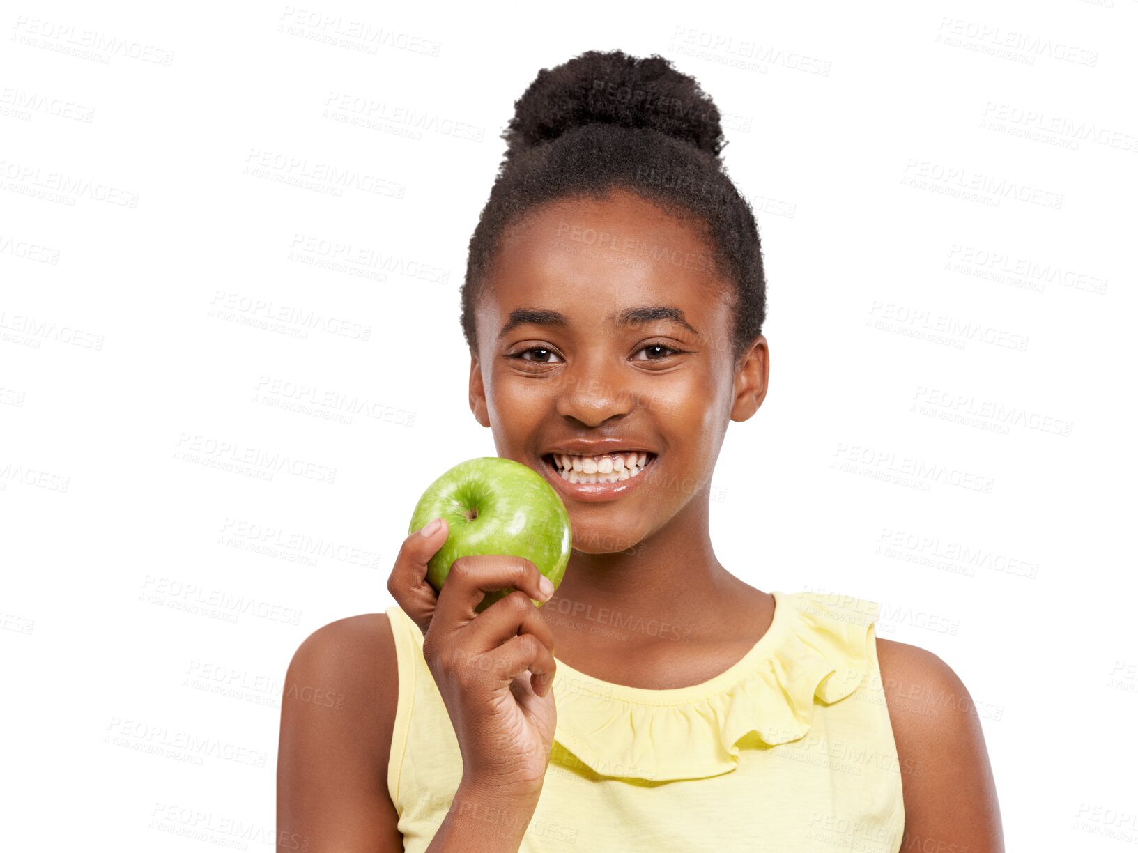 Buy stock photo Apple, happy and healthy eating with teen girl isolated on a transparent, png background. Portrait of black child or teenager with fruit for health, wellness or nutrition for development and growth