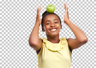 Buy stock photo Happy black girl, portrait smile and apple on head for natural nutrition isolated on a transparent PNG background. African female child, kid or teen smiling with fruit for balance, diet or wellness