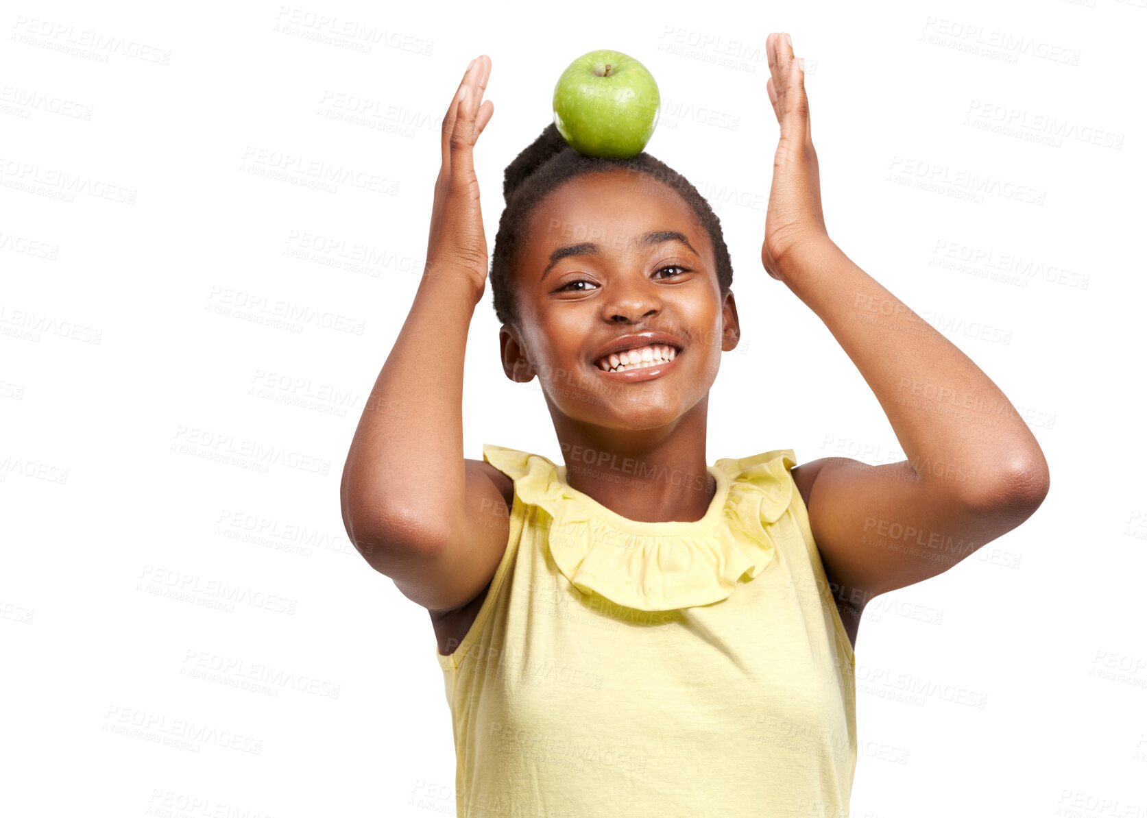 Buy stock photo Happy black girl, portrait smile and apple on head for natural nutrition isolated on a transparent PNG background. African female child, kid or teen smiling with fruit for balance, diet or wellness