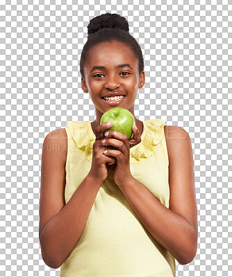 Buy stock photo Teen girl, apple and healthy food portrait isolated on a transparent, png background. Black child or happy teenager  portrait with fruit for health, wellness or nutrition for development and growth