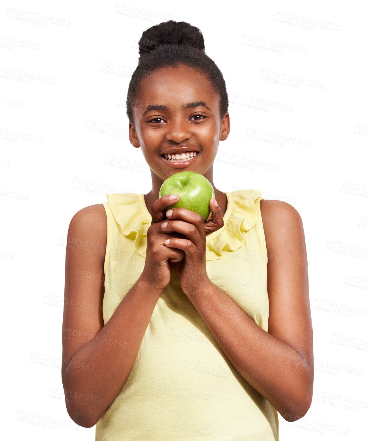 Buy stock photo Teen girl, apple and healthy food portrait isolated on a transparent, png background. Black child or happy teenager  portrait with fruit for health, wellness or nutrition for development and growth