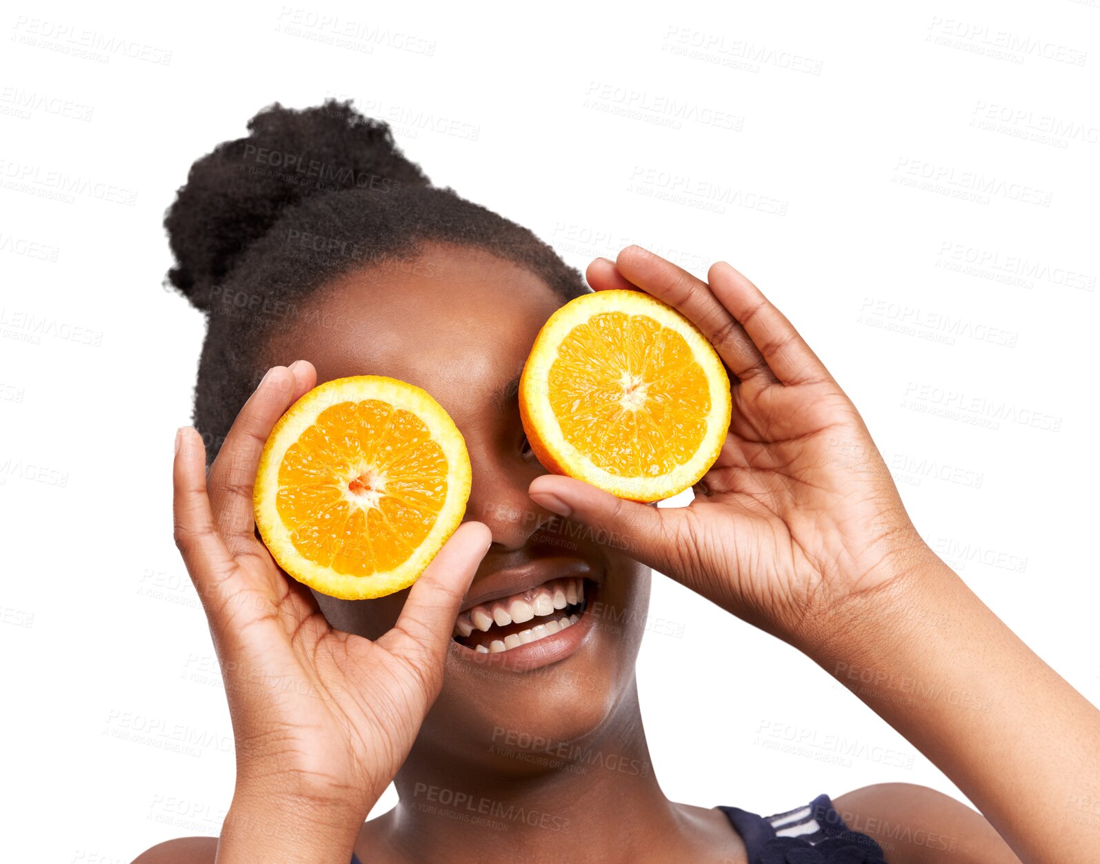 Buy stock photo Face, orange and wellness with a black woman laughing isolated on a transparent background for nutrition. Beauty, skincare and health with a happy female model holding fruit for a detox diet on PNG