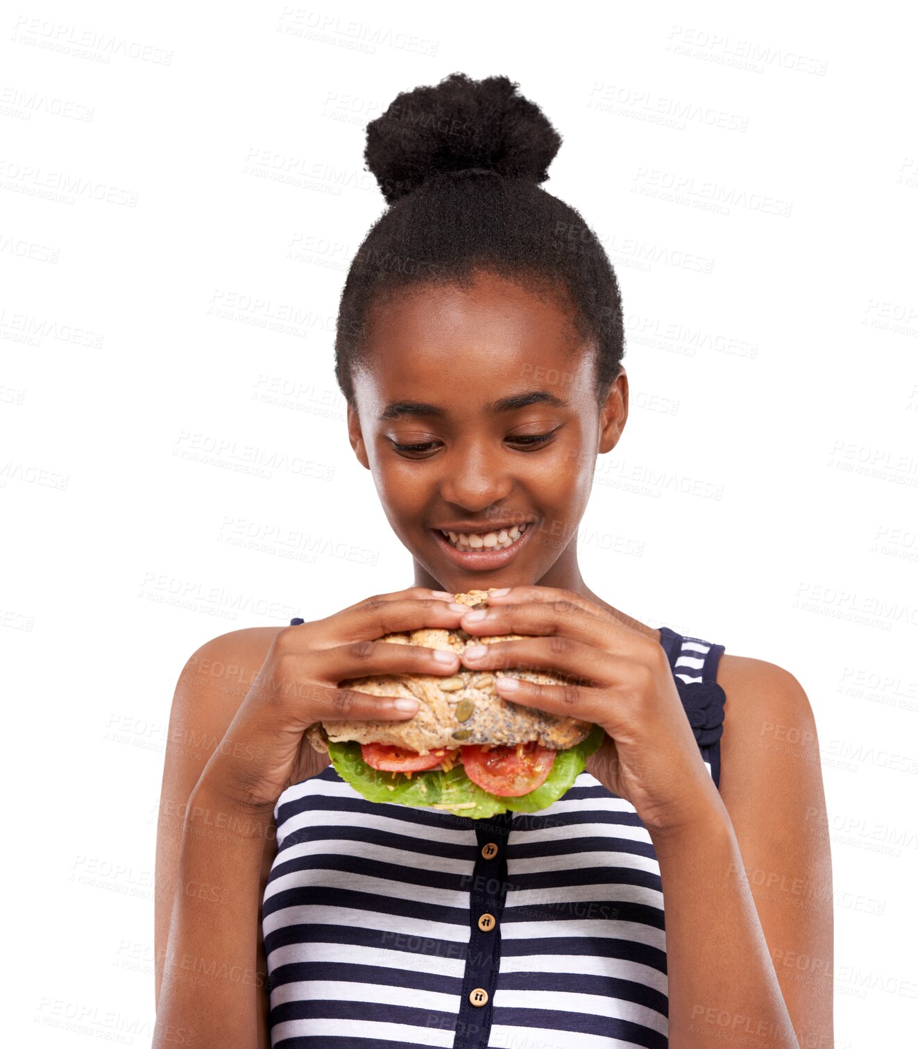 Buy stock photo Face, sandwich and health with a black girl on a diet isolated on a transparent background for nutrition. Smile, bread and organic with a young female person eating a healthy food snack on PNG