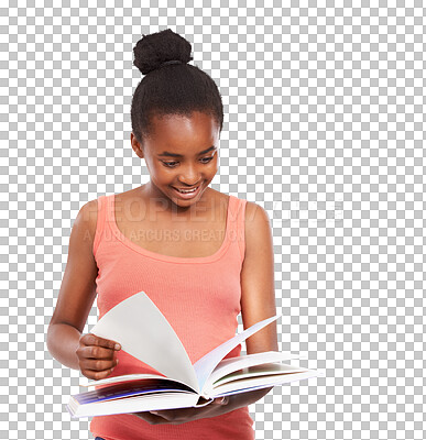 Buy stock photo Black girl, teenager or student reading books with smile isolated on png transparent background. School, education or happy African female pupil learning or studying notes for academy scholarship