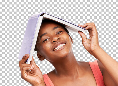 Buy stock photo Portrait, education and book with a student black woman isolated on a transparent background for learning. Face, smile and study with a happy university pupil on PNG for an academic scholarship