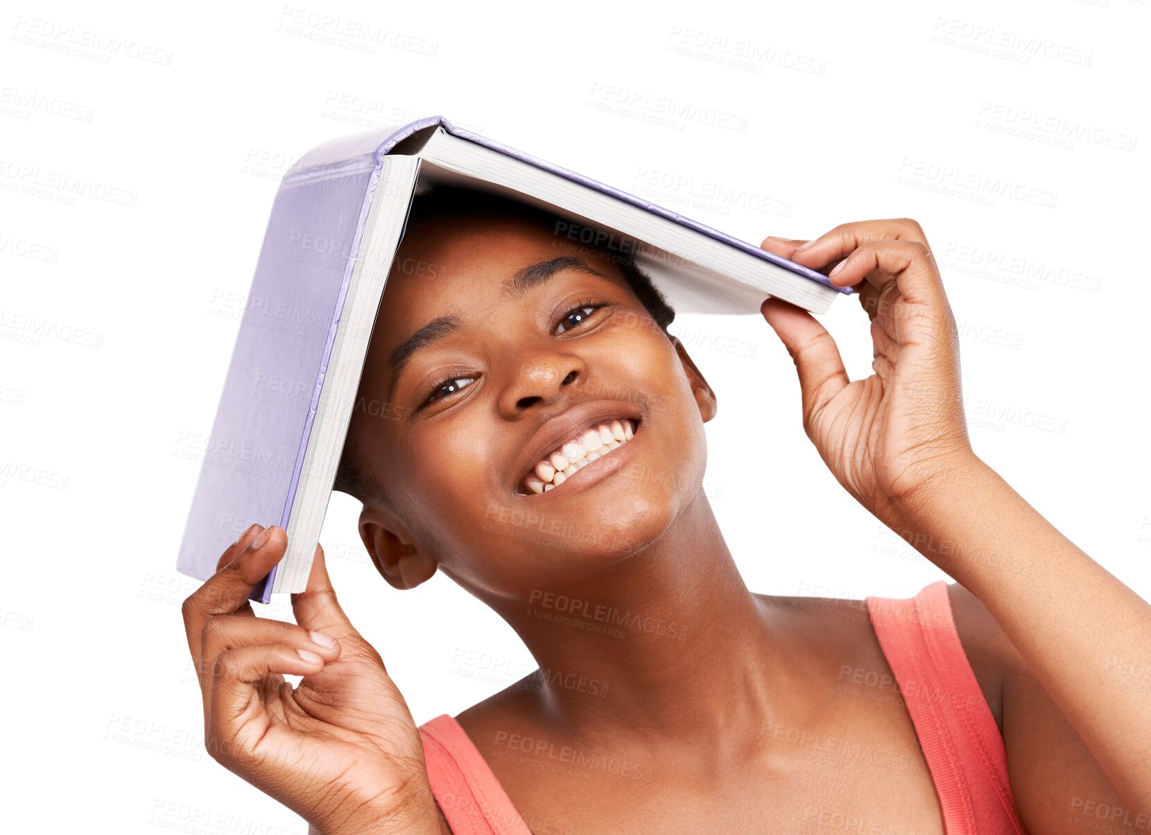 Buy stock photo Portrait, education and book with a student black woman isolated on a transparent background for learning. Face, smile and study with a happy university pupil on PNG for an academic scholarship