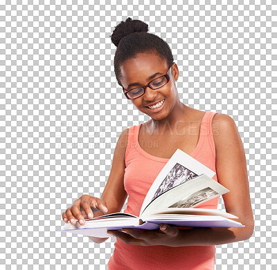 Buy stock photo Happy, glasses or girl student reading book for knowledge isolated on png transparent background. Teenager, education or excited school pupil learning or studying textbooks research in scholarship