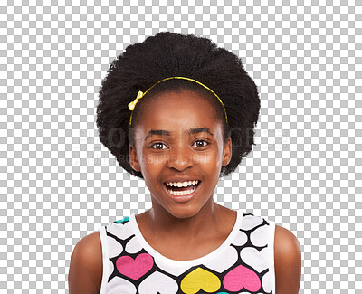 Buy stock photo Portrait, afro or excited African girl with happiness, satisfaction or optimistic positive attitude. Smile, happy teenager or young child feeling proud or joy isolated on transparent png background