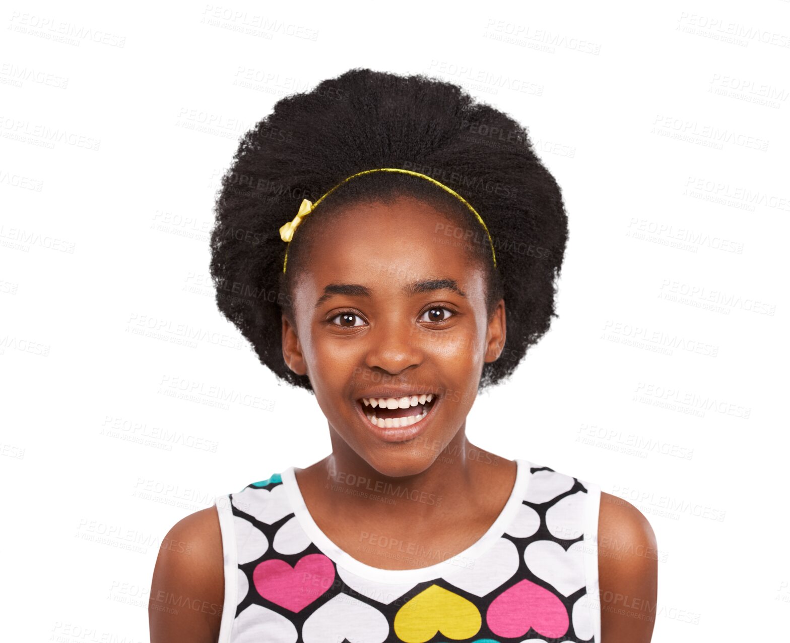 Buy stock photo Portrait, afro or excited African girl with happiness, satisfaction or optimistic positive attitude. Smile, happy teenager or young child feeling proud or joy isolated on transparent png background