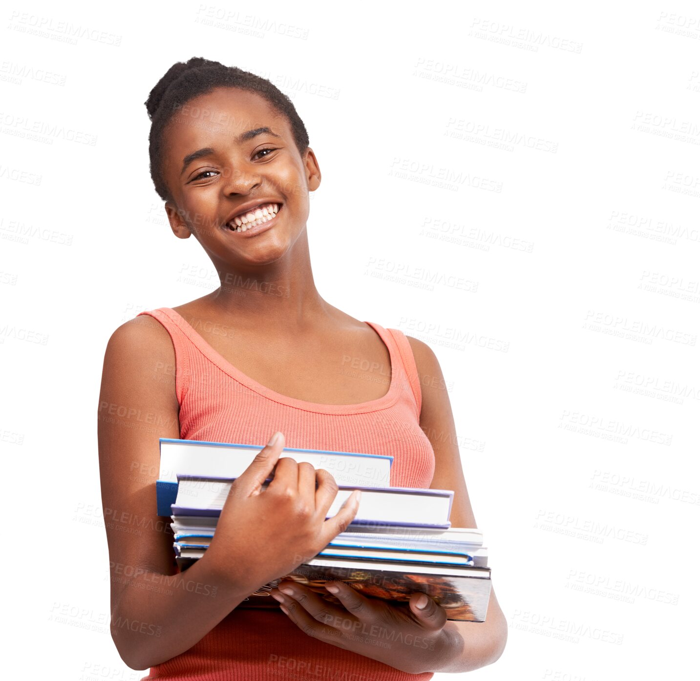 Buy stock photo Black girl, teenager and books, student in portrait and smile isolated on png transparent background. School, education and learning, happy African female pupil and study material with scholarship