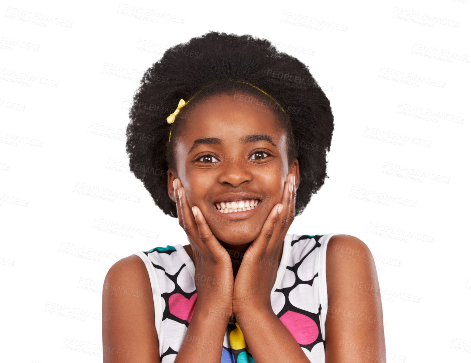 Buy stock photo Portrait, face or excited African girl smiling with happiness, positive satisfaction or optimistic attitude. Smile, teenager or happy child feeling proud or joy isolated on transparent png background