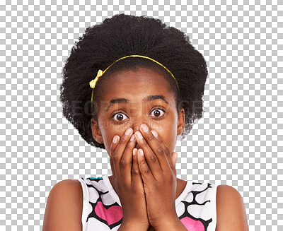 Buy stock photo Portrait, wow or shocked girl teenager in shock after fake news, secret drama or crazy gossip story. Omg, cover mouth or surprised face of a young child amazed isolated on transparent png background