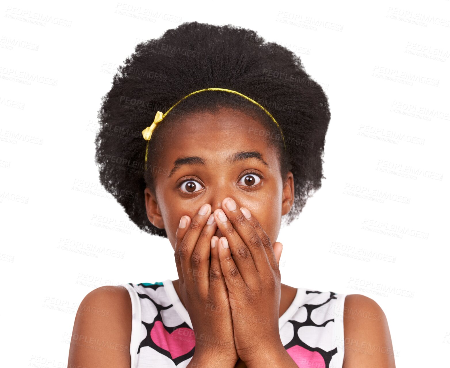 Buy stock photo Portrait, wow or shocked girl teenager in shock after fake news, secret drama or crazy gossip story. Omg, cover mouth or surprised face of a young child amazed isolated on transparent png background