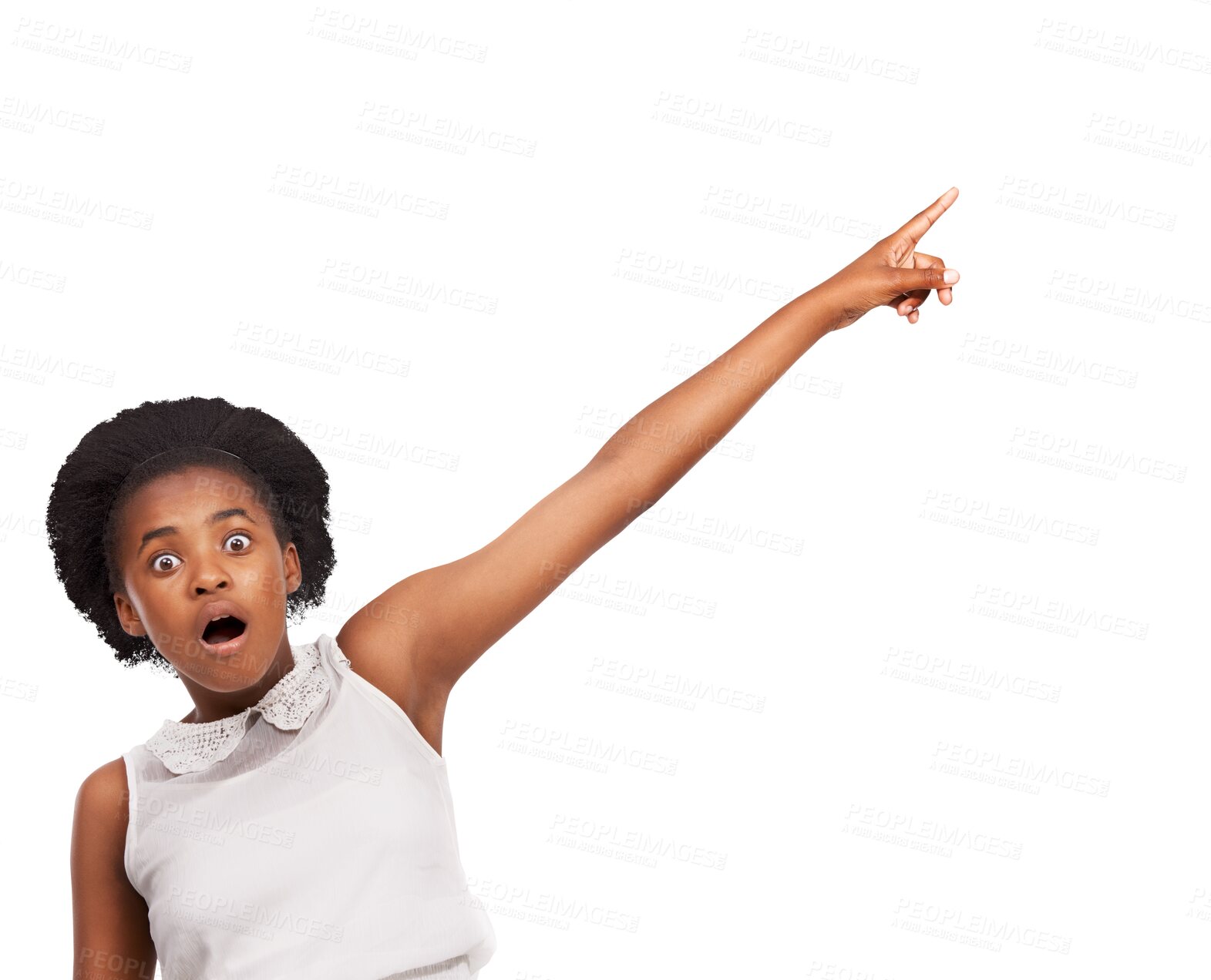 Buy stock photo Wow, portrait or shocked girl pointing up on isolated on transparent png background for marketing. Kid, omg or surprised African teenager hand gesture showing advertising deal or discount promotion