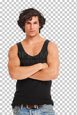 Buy stock photo Isolated bodybuilder man, portrait and arms crossed for muscle, fashion or wellness by transparent png background. Young guy, healthy model and college student for strong body, trendy clothes of vest